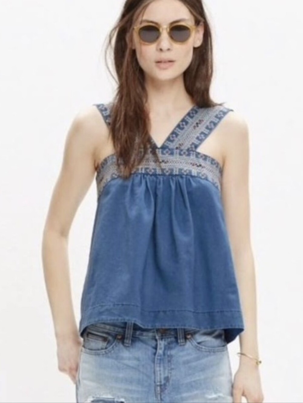Madewell Denim Siesta Top Shirt Blue Embroidered Size 0